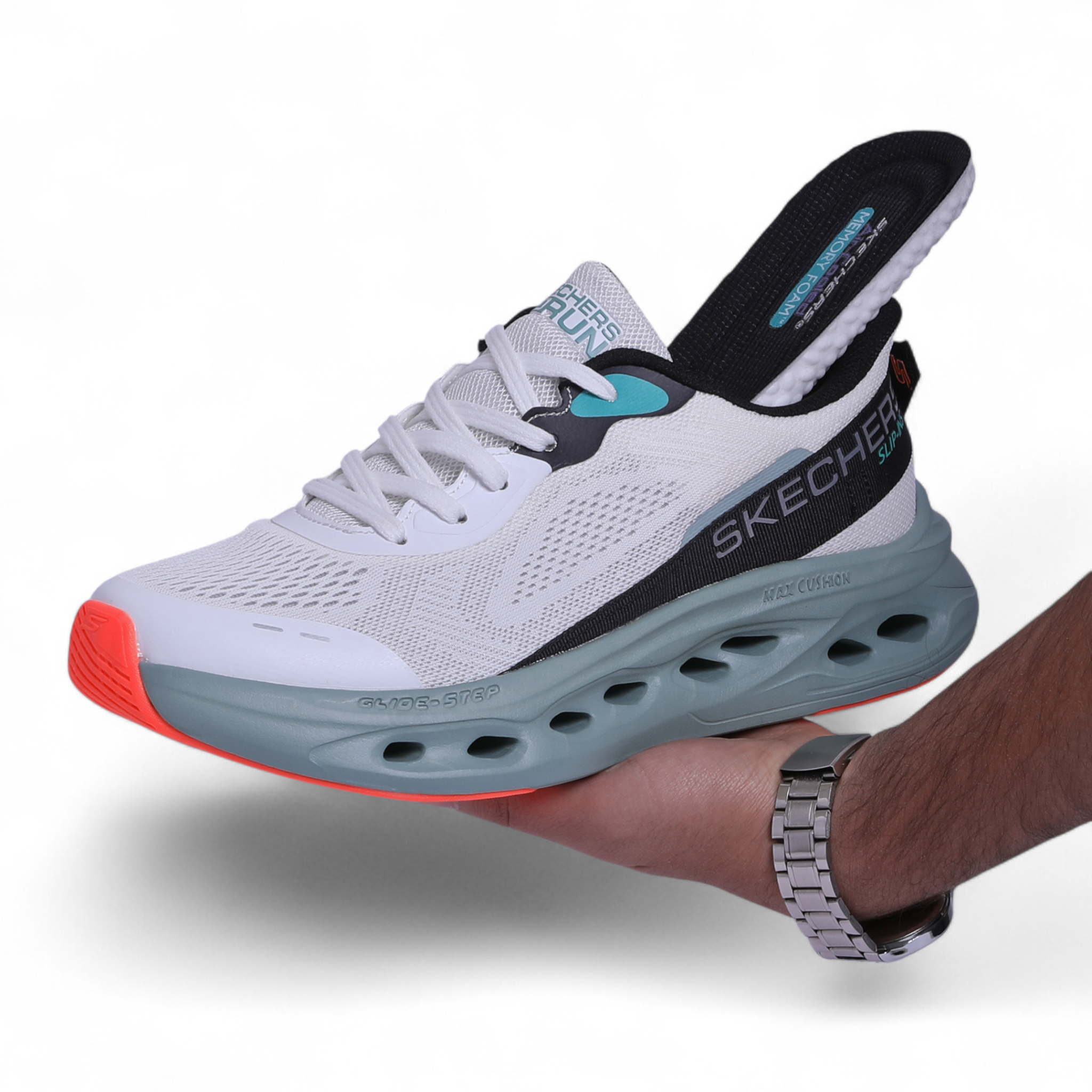 Skechers MAX CUSHIONING GLIDE-STEP – Smooth Comfort & Everyday Performance in White - Image 5