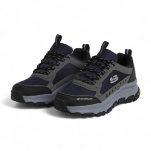 Gray and black sneakers with water repellent feature on a white background