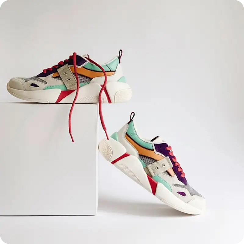 Pair of multicolor chunky sneakers displayed on white blocks